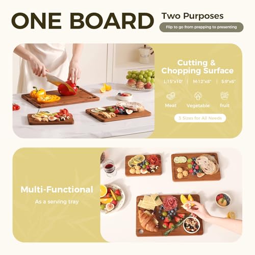 Bamboo Cutting Board for Kitchen – 3-Piece Wooden Boards with Juice Grooves, Side Handles, Non-Slip Mats – Perfect for Meat, Veggies, Fruit – Ideal Kitchen Gift