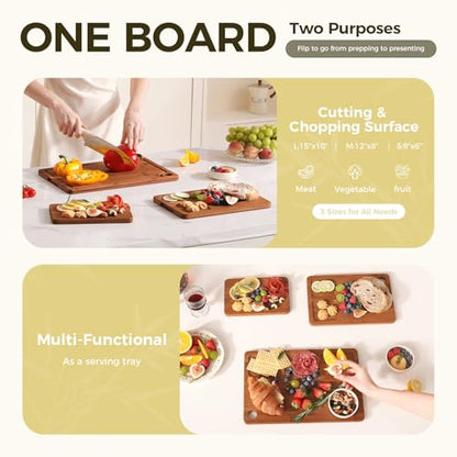 Bamboo Cutting Board for Kitchen – 3-Piece Wooden Boards with Juice Grooves, Side Handles, Non-Slip Mats – Perfect for Meat, Veggies, Fruit – Ideal Kitchen Gift