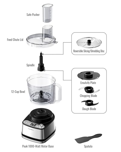 TWOMEOW Food Processor, 4 Programs & Pulse,1000W Max Power,12 Cups Total Volume for Slicing, Mincing, Dicing, Shredding, Puree, Dough and Vegetable Chopper Clean Bowl Scraper, Stainless Steel