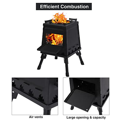 Lineslife Wood Burning Camp Stove, Portable Cast Iron Camping Wood Stove, Black Woodstove with Carrying Case for Backpacking Outdoor Cooking, Small