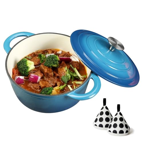 Enamelled Cast Iron Dutch Oven Pot with Lid, 3QT Non Stick Casserole Pot-Heavy Duty & Oven Safe up to 500° F for Bread Baking, Braising, Stews, Roasting