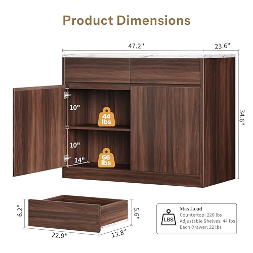 Kitchen Island with Storage, 47.2" Large Faux Marble Countertop Kitchen Island with 2 Drawers and Adjustable Shelves, Coffee Bar Station, Beveled Edge Door Cabinet, Dining Table for 2-4 People, Walnut