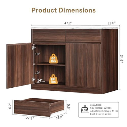 Kitchen Island with Storage, 47.2" Large Faux Marble Countertop Kitchen Island with 2 Drawers and Adjustable Shelves, Coffee Bar Station, Beveled Edge Door Cabinet, Dining Table for 2-4 People, Walnut