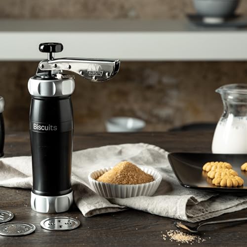 Marcato Biscuit Cookie Press Design Line, Black. MADE IN ITALY, 20 Shapes, 2 Cookie Sizes, Food‑Grade Anodized Aluminum, Easy to Use & Clean, Fast Homemade Cookie Maker