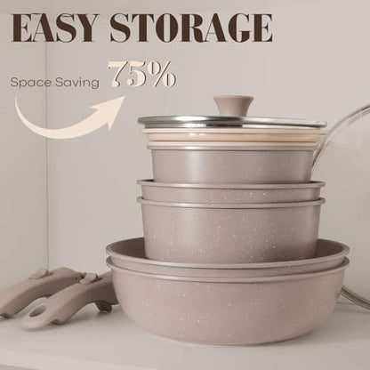 SODAY 15Pcs Pots and Pans Set Non Stick, Cookware Sets with Detachable Handle, Nonstick RV Kitchen Cooking Tools Removable Handles, Oven Safe, Induction Fast, Stackable Induction Cookware, Brown