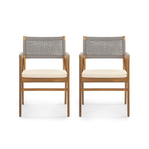Christopher Knight Home Terry Acacia Wood Patio Dining Set for 6, Solid Wood Outdoor Dining Table Set for 6, 7 Piece Outdoor Dining Set with Rectangular Table and Woven Rope Accents, Teak+Beige+Grey