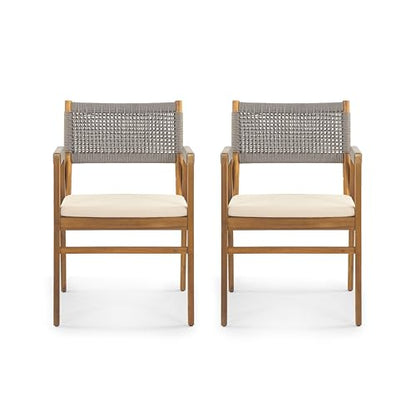 Christopher Knight Home Terry Acacia Wood Patio Dining Set for 6, Solid Wood Outdoor Dining Table Set for 6, 7 Piece Outdoor Dining Set with Rectangular Table and Woven Rope Accents, Teak+Beige+Grey