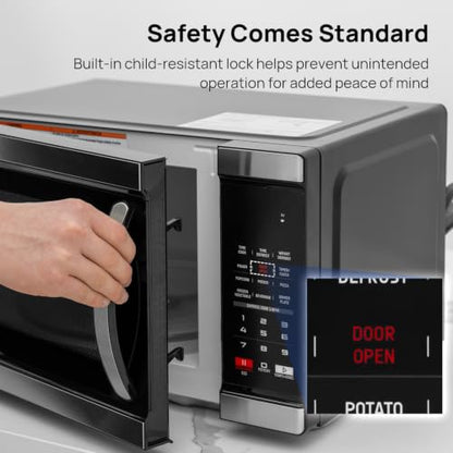 Smad Countertop Microwave Oven 1000 Watts, Digital Ovens 1.1 Cu. Ft with 10 Power Levels, 6 One-Touch Presets, Express Cooking, Eco Mode, Child Lock, Easy Clean, Large Capacity, Stainless Steel Black