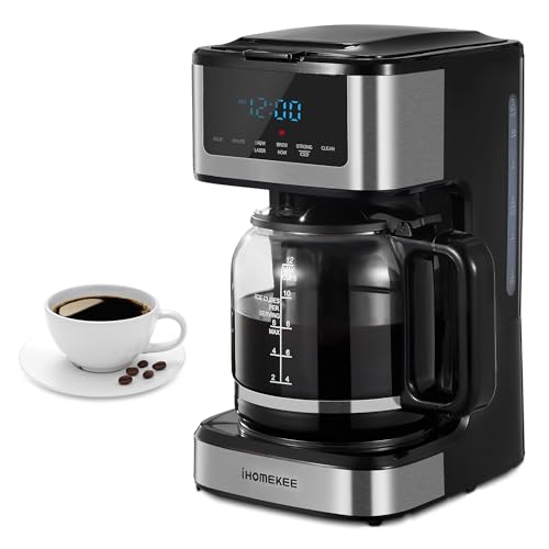 Ihomekee Coffee Maker, Programmable Drip Coffee Maker 12 Cup, Regular & Strong Brew Drip Coffee Machine with Iced Coffee Function for Home and Office, Black & Stainless Steel (Black,Silver)