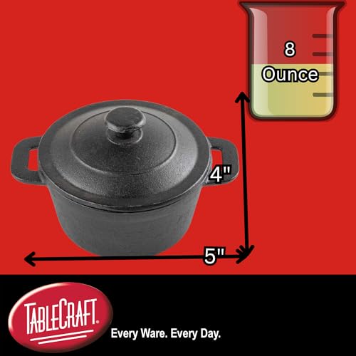 TableCraft Cast Iron Round Mini Casserole with Lid, 8 oz, Black, Pre-Seasoned Single-Serve Cookware, Oven to Table
