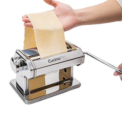 Pasta Maker Deluxe Set- Stainless Steel Machine w 3 Interchangeable Attachments- Make 5 Different Pastas- Spaghetti Fettuccini Angel Hair Ravioli Lasagnette- Durable Cutters for Adjustable Thicknesses