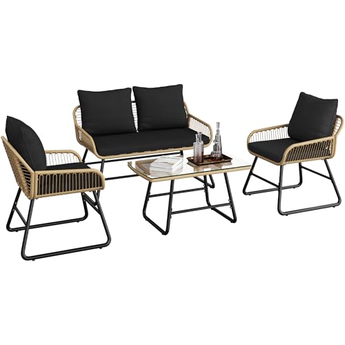 Yaheetech 4 Piece Patio Furniture Set, Outdoor Wicker Conversation Sets, Boho Loveseat & 2 Armchairs with Cushion and Pillow, Glass Top Table for Backyard, Porch, Balcony, Deck - Tan/Black