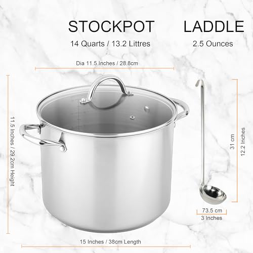 GreatChef Stock Pot Stainless Steel for Cooking Riveted Handle, Heavy Duty Vessel,Induction Compatible All Cooktops in Use, Dishwasher & Oven Safe (14 Quarts)