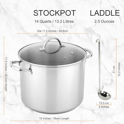GreatChef Stock Pot Stainless Steel for Cooking Riveted Handle, Heavy Duty Vessel,Induction Compatible All Cooktops in Use, Dishwasher & Oven Safe (14 Quarts)