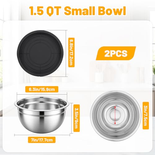 Beasea Mixing Bowls with Lids, 2 Pack 1.5 QT Small Stainless Steel Mixing Bowls with Airtight Lids, Nesting Metal Bowl Set for Kitchen, Baking, Prepping, Serving, Cooking