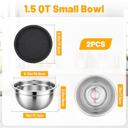Beasea Mixing Bowls with Lids, 2 Pack 1.5 QT Small Stainless Steel Mixing Bowls with Airtight Lids, Nesting Metal Bowl Set for Kitchen, Baking, Prepping, Serving, Cooking
