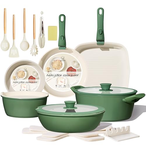 BECIGAR 23pcs Ceramic Pots and Pans Set, Nonstick Detachable Handle Cookware, Induction Kitchen Cooking Set with Removable Handle,include Frying Pans & Saucepans Oven Safe(Green)