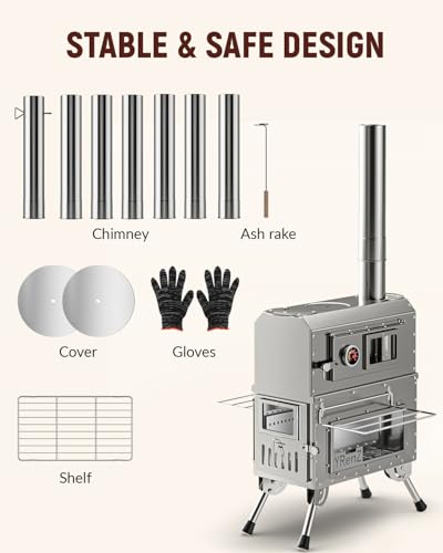 YRenZ Tent Stove Wood Stove with Oven – 2-in-1 Dual-Use Outdoor Camping Oven for Tent Cooking, Stainless Steel High Temperature Stove, Glass Door, Anti-Slip Feet, Full Accessories