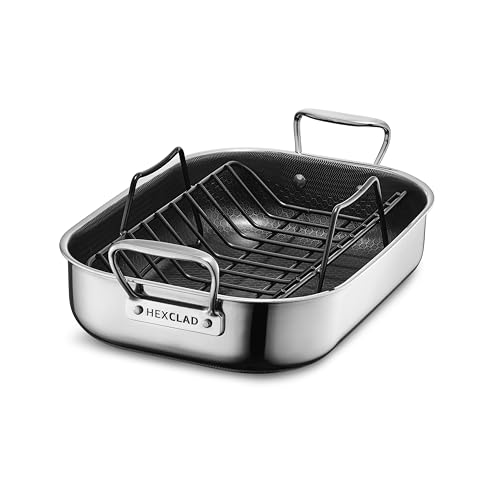 HexClad Hybrid 14 x 10 Inch Rectangular Nonstick Roasting Pan with Rack, Dishwasher-Friendly, Oven-Safe Up to 900°F, Compatible with All Cooktops