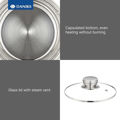Daniks Standard 11-Piece Stainless Steel Cookware Set with Glass Lids, Includes Saucepan with Lid and Frying Pan, Tri-Ply Bases for Even Heating, Induction Compatible, Dishwasher Safe, Silver