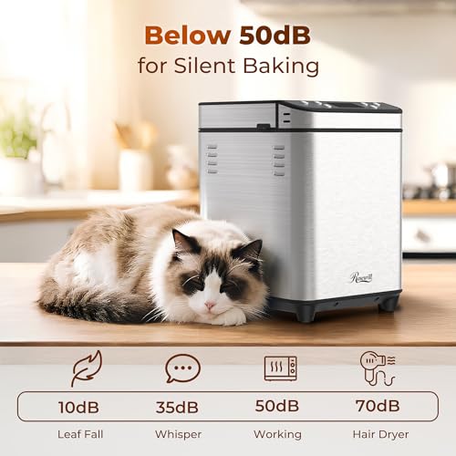 Rosewill 25-in-1 Automatic Bread Maker Machine with 3 Loaf Size up to 2 Lb, 700W High Power Dual Heater Bread Maker with BPA-free Nonstick Coating Pan, Max 15 Hours Delay Timer, Low Noise - Silver