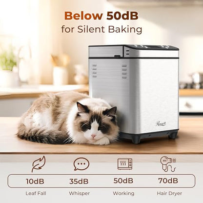 Rosewill 25-in-1 Automatic Bread Maker Machine with 3 Loaf Size up to 2 Lb, 700W High Power Dual Heater Bread Maker with BPA-free Nonstick Coating Pan, Max 15 Hours Delay Timer, Low Noise - Silver