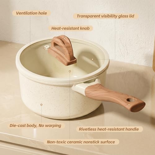 Ceramic Nonstick Saucepan with Lid, 2.0 QT Small Non Stick Stock Pot with Stay-cool Handle, Induction Compatible Cooking Pot White Granite Coating Easy to Clean Kitchen Cookware