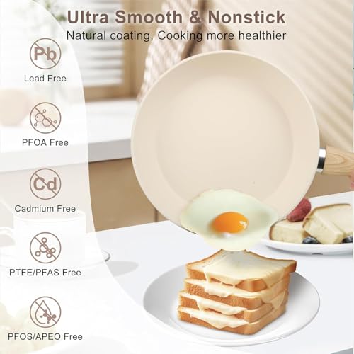 Ray Bear 11 Pcs Pots and Pans Set, Nonstick Cookware Set with Lids and Wooden Handles, Silicone Spoons & Spatulas, Non-toxic Healthy Kitchen Cooking Set, PFAS & PFOA Free