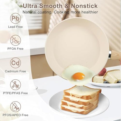 Ray Bear 11 Pcs Pots and Pans Set, Nonstick Cookware Set with Lids and Wooden Handles, Silicone Spoons & Spatulas, Non-toxic Healthy Kitchen Cooking Set, PFAS & PFOA Free