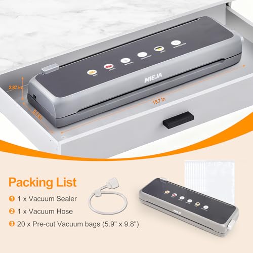 Mieja Food Vacuum Sealer Machine, 5-in-1 Dry & Moist Modes Automatic One-Touch Sealer with Built-in Cutter, External Hose for Jars, 20 BPA-Free Bags, Compact for Sous Vide, Meal Prep & Freezer Storage