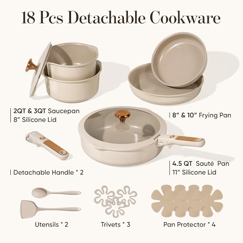CAROTE 18Pcs Ceramic Cookware Set with Detachable Handle, Pots and Pans Set Non Stick, Non Toxic Cookware Set Removable Handles, Induction Kitchen Cookware Sets, Dishwasher/Oven Safe