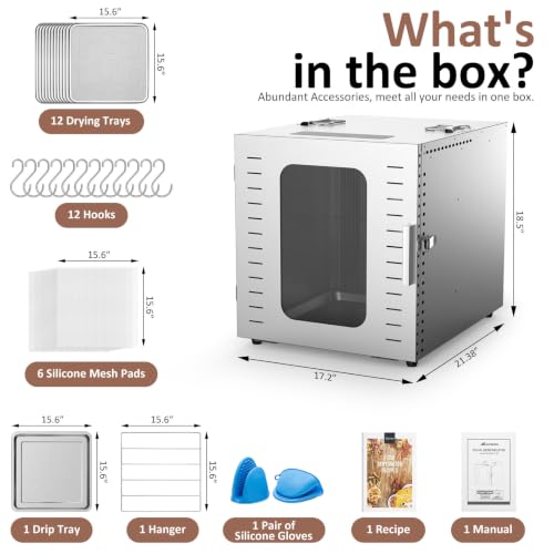 Ausegia Commercial Large 12 Trays Food Dehydrator, Usable Area up to 22.67ft², 1200W Full Stainless Steel Dryer Machine, up to 190℉ Temperature, for Meat, Fruit, Veggies, Beef, Herbs, Pet Foods
