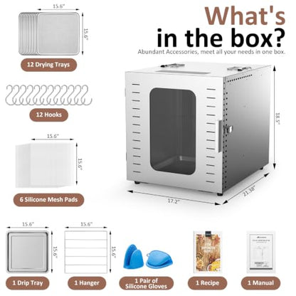 Ausegia Commercial Large 12 Trays Food Dehydrator, Usable Area up to 22.67ft², 1200W Full Stainless Steel Dryer Machine, up to 190℉ Temperature, for Meat, Fruit, Veggies, Beef, Herbs, Pet Foods