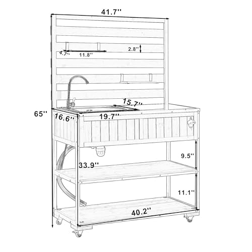 Polibi 41.7" Outdoor Kitchen Island with Sink, Solid Wood Rolling Patio Cart with Stainless Steel Top, Movable Shelves and 1 Bottle Opener,BBQ Station Garden Potting Bench, Brown