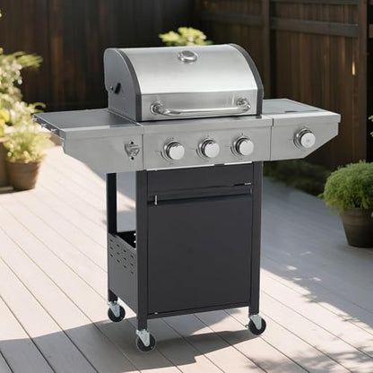 Endark 3-burner propane grill, 37,000 BTU with side-fire function. Stainless steel, enameled cast iron grate, thermometer, wheels. Perfect for patio and garden cooking