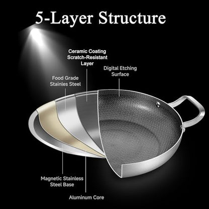 14 Inch Stainless Steel Paella Pan, Nonstick Ceramic Coating & Induction Compatible Large Skillet, Jumbo Cooker for Spanish Rice, Seafood Paella, Authentic Paella, Socarrat, Oven Safe, 5-8 Servings