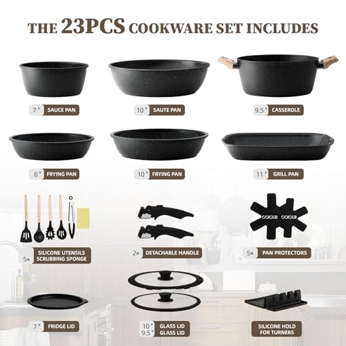 23Pcs Ceramic Cookware Set Non Stick Pots and Pans Set Non Toxic with Detachable Handle Induction Kitchen Cookware Set Space Saving, Oven & Dishwasher Safe, Black