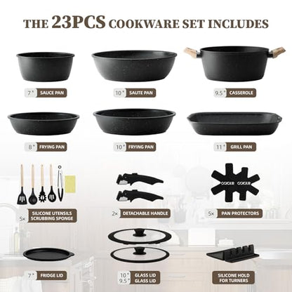 23Pcs Ceramic Cookware Set Non Stick Pots and Pans Set Non Toxic with Detachable Handle Induction Kitchen Cookware Set Space Saving, Oven & Dishwasher Safe, Black