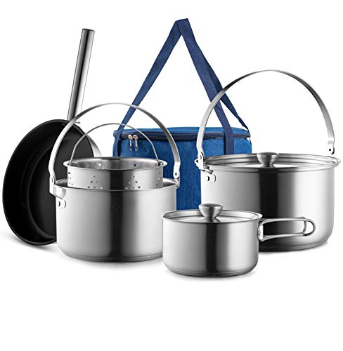 Camping Cookware Set 304 Stainless Steel 8-Piece Pots & Pans Open Fire Cooking Kit | Frying Pan Steamer with Travel Tote Bag | Compact For Outdoors & Indoors Kitchen Campfire Hiking RV
