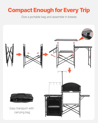 VEVOR Camping Kitchen Table, Outdoor Camp Cooking Table, Aluminum Portable Cook Station with Storage Cupboard, Carrying Bag, Detachable Windscreen, Quick Set-up for BBQ Party Picnic RV Travel, Black
