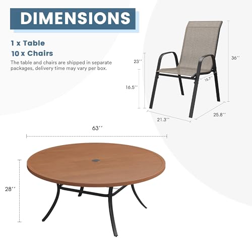 DIFY 11 Piece Outdoor Dining Set, 63" Walnut Round Metal Patio Table and Brown Textilene Stackable Chairs for 10, All Weather Patio Furniture Set with Umbrella Hole for Backyard Garden Deck