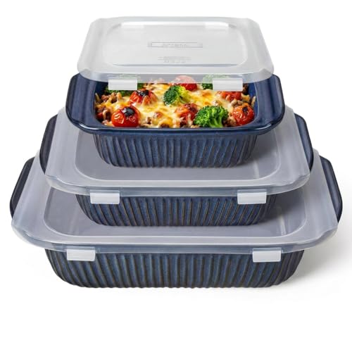 Artena Casserole Dishes For Oven, Ceramic Baking Dish, Large Lasagna Pan With Handles, Baking Pan Casserole Dish, Rectangular Bakeware Deep, Set Of 3 (5.1Qt/2.3Qt/1.1Qt) (Blue - Baking Dish With Lids)