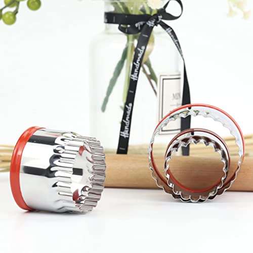 3Pcs Fluted Round Cookie Cutters - 2" & 2.6" & 3", Heavy Duty Food-Grade Stainless Steel, Mini Biscuit Cutter, Unique Design with Protective Red Top PVC