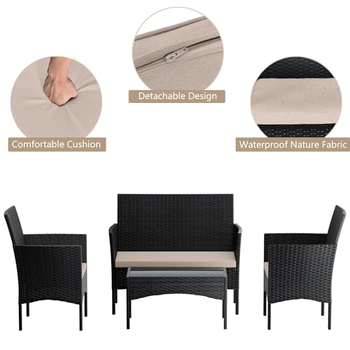 RTDTD 4 Pieces Patio Furniture Set Outdoor Conversation Set Rattan Furniture Set Wicker Chairs and Sofa with Glass Table for Porch Pool Backyard Garden Sand
