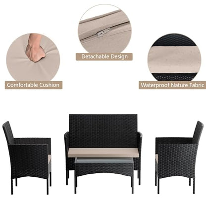 RTDTD 4 Pieces Patio Furniture Set Outdoor Conversation Set Rattan Furniture Set Wicker Chairs and Sofa with Glass Table for Porch Pool Backyard Garden Sand