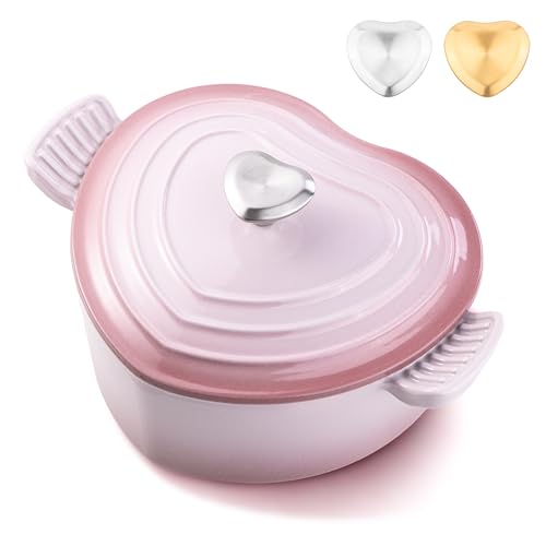 Mabeeze Heart Shaped Dutch Oven Enameled Cast Iron 2 Quart Casserole Pot with Lid Pink Nonstick Oven Safe All Cooktops for Baking Braising Serving Bread Baking