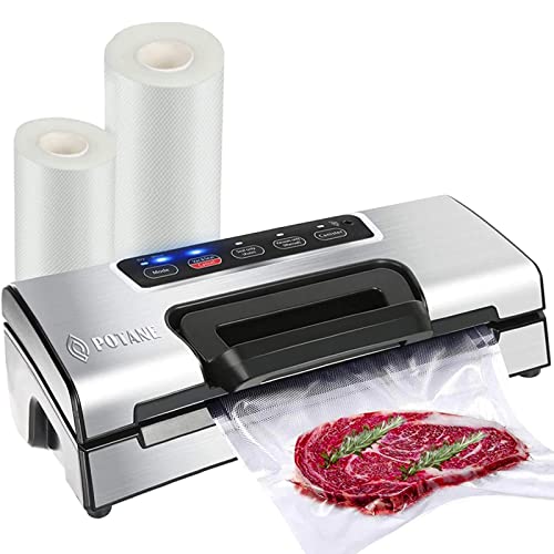 Potane Precision Vacuum Machine,Pro Food Sealer with Built-in Cutter and Bag Storage(Up to 20 Feet Length), Both Auto Manual Options,2 Modes,Includes 2 Bag Rolls 11”x16’ and 8”x16’,Compact Design