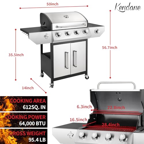 Kendane 4-Burner Propane Gas BBQ Grill with Side Burner, Barbecue Gas Grill with Enameled Cast Iron Grates for Outdoor Patio Garden Barbecue, 53,000 BTU, Stainless Steel Grill Cover included