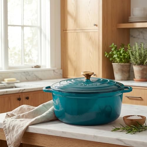 Zulay Kitchen 7.7 Quart Enameled Cast Iron Dutch Oven Pot with Lid – Premium Durability & Oven Safe up to 500°F – Heavy Duty Cookware Perfect for Bread Baking, Stews, Braising & Roasting – Emerald