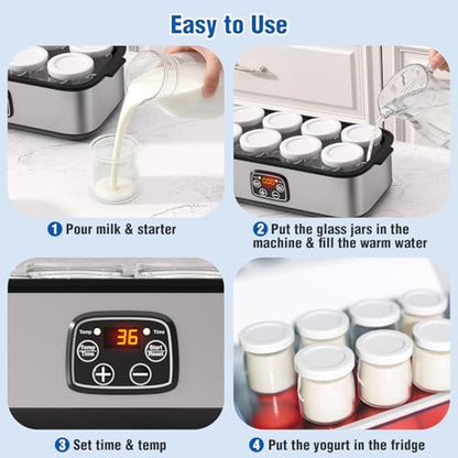 Yogurt Maker with Adjustable Time and Temp Control, Yogurt Maker Machine with Automatic Shut-Off & Constant Temper for Homemade Probiotic, Greek Yogurt, BPA-Free (Black Grey, 48 oz/8 Jars)